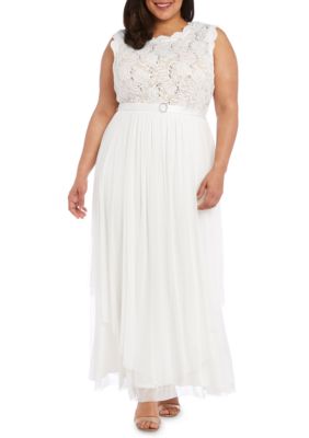 RM Richards Plus Size Lace Bodice Belted Gown | belk