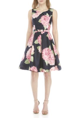 Jessica Howard Sleeveless Printed Shantung Fit and Flare Belted Dress ...