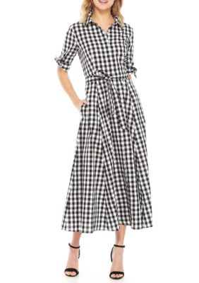 Calvin Klein Short Sleeve Gingham Midi Cotton Dress | belk