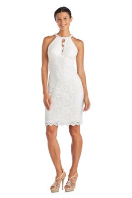 Nightway Women's Short Glitter Lace Modified Halter With Scallop Detail On Bodice And Beaded Collar