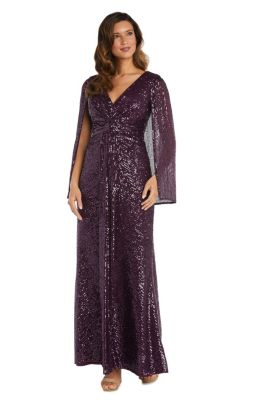 Nightway Women's Long Cape Sequin Gown V Front And Gathered Waist Detail