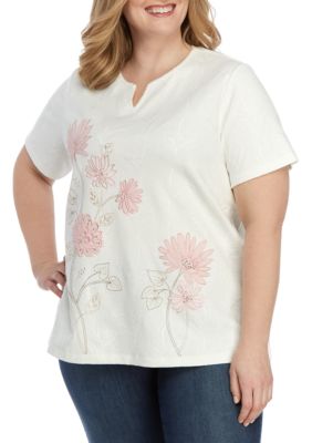 Alfred Dunner Plus Size Asymmetrical Embroidered Floral Knit Top | belk