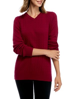 Kim Rogers® Long Sleeve Cable Knit V Neck Sweater | belk