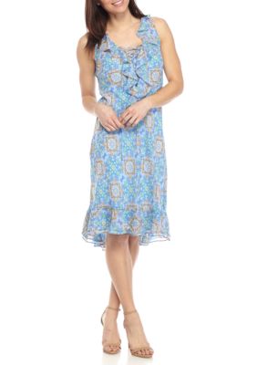 New Directions® Lace Up Printed Ruffle Front Dress | belk