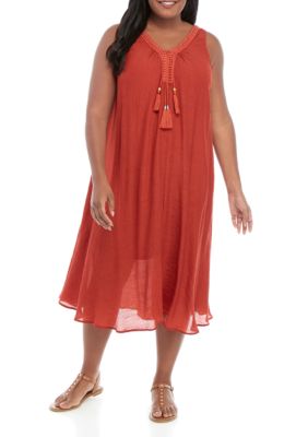 New Directions® Plus Size Sleeveless Crochet Tassel Swing Dress | belk