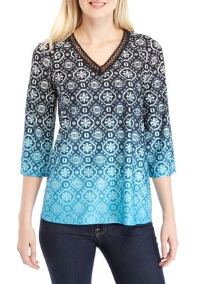 New Directions® 3/4 Sleeve Printed Knit Top with Crochet Trim | belk