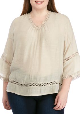 New Directions® Plus Size 3/4 Sleeve Crochet Inset Woven Top | belk