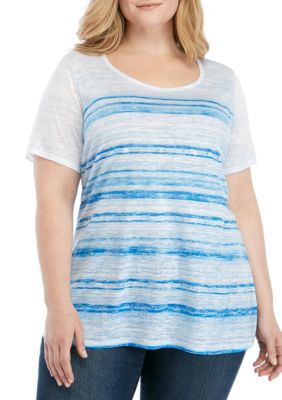Kim Rogers® Plus Size Blue Stripe Burn Out T Shirt | belk