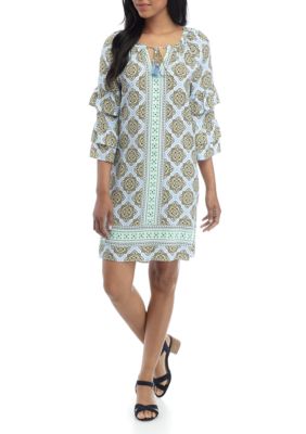 Crown & Ivy™ Long Ruffle Sleeve Split Neck Printed Dress | belk