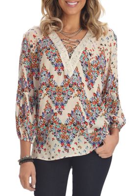 Democracy Printed Lace Up Woven Top | belk