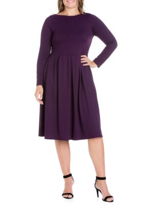 24seven Comfort Apparel Plus Size Long Sleeve Fit and Flare Midi Dress ...