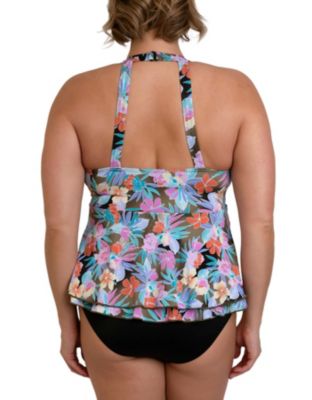 Fit4U Women's Plus Size Palms High Neck Two Tiered Tankini Top at