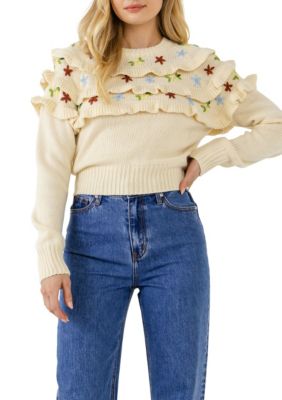 Free The Roses Women's Floral Handmade Embroidery Ruffle Detail Sweater
