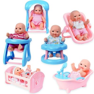 Snag-It Mini Dolls With Cradle, High Chair, Walker, Bathtub, Swing & Baby Seat - Set Of 6