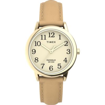 Timex Tw2U962009J 30 Mm Women Easy Reader Watch Gold-Tone Case Cream Dial With Tan & Blue Leather Strap