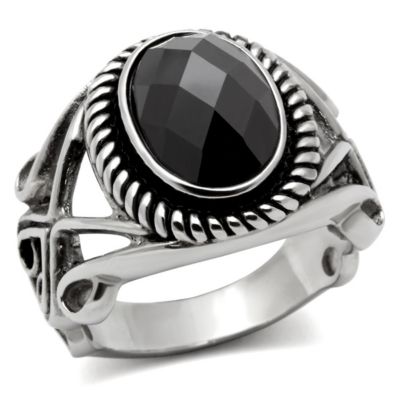 Precious Stone Men High Polished Stainless Steel Ring With Aaa Grade Cz In Black Diamond - Size 11