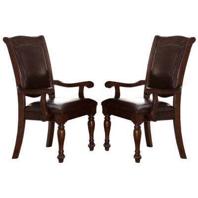 Duna Range Traditional Style Wood & Leather Dining Side Arm Chair, Brown & Dark Brown, Set Of 2