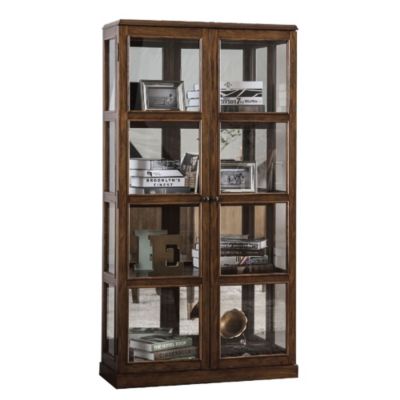 Duna Range Transitional Wooden Curio Cabinet With Two Glass Doors And Four Shelves, Oak Brown