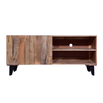 Duna Range Kai 55 Inch Mango Wood Tv Media Console With 2 Doors And Embossed Geometric Design, Natural Brown