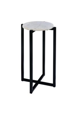 Duna Range Ivy 24.5 Inch Marble Top Accent Round Side Table With Metal Frame, White And Black
