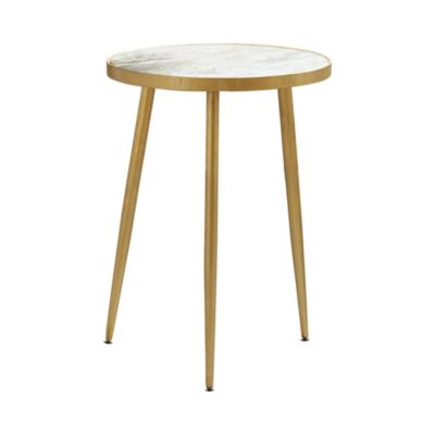 Duna Range 22 Inch Modern Accent Table, Round Marble Top, White, Gold