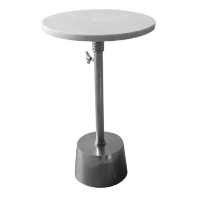 Duna Range Aluminum Frame Round Side Table With Marble Top And Adjustable Height, White And Silver