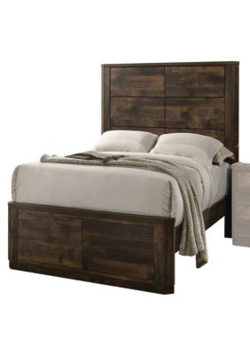Duna Range Transitional Style Queen Size Bed With Panel Design Headboard, Rustic Brown
