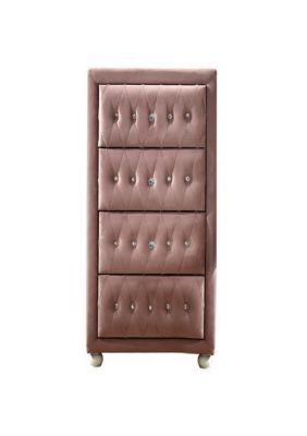 Duna Range Rex 38 Inch Tall Upholstered Dresser Chest, 4 Drawer, Crystal Handles, Pink
