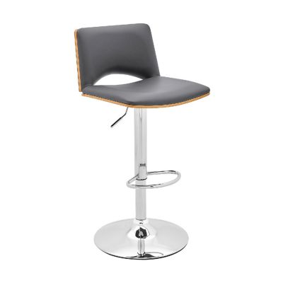 Duna Range Thierry Adjustable Swivel Gray Faux Leather With Walnut Back And Chrome Bar Stool