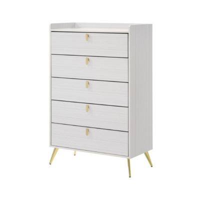 Duna Range Cos 50 Inch Wood Tall Dresser Chest, 5 Drawers, Metal Handles, White, Gold