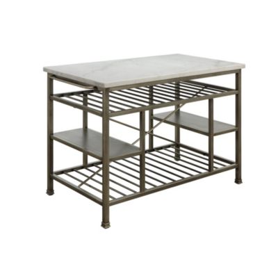 Duna Range Marble Top Metal Kitchen Island With 2 Slated Shelves, Gray And White