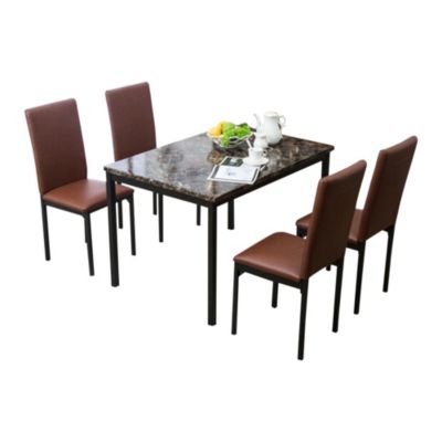 Duna Range Joe 5 Piece Dining Set, Vegan Faux Leather Chairs, Faux Marble Tabletop, Black