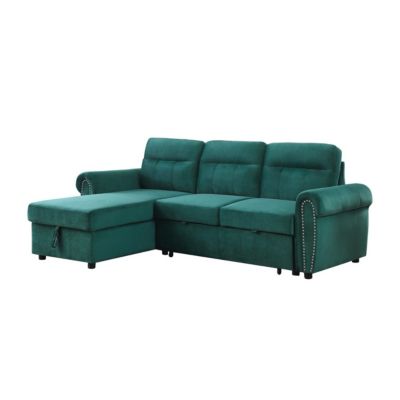 Duna Range Irma 97 Inch 2 Piece Sectional Sofa, Pull Out Bed, Rolled Arm, Green Velvet