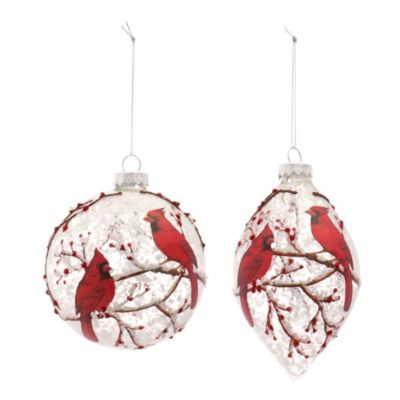 Melrose Set Of 6 Cardinal With Holly Berry Glass Christmas Ornament 5"" (127Mm)
