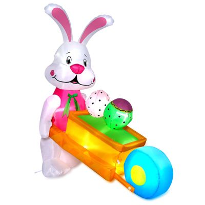 Agptek 5.9Ft Inflatable Easter Bunny Pushing Wheelbarrow With Eggs And Built-In Led Lights