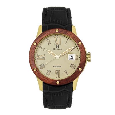 Heritor Automatic Men's Everest Wooden Bezel Leather Band Watch /date