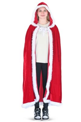 Skeleteen Red Velvet Santa Cape Velour Hooded Cloak - White Fur Christmas Holiday Santa Costume Robe All Ages