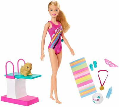 Barbie Dreamhouse Adventures Swim 'n Dive Doll, 11.5-Inch, In Swimwear, With Swimming Feature, Diving Board And Puppy