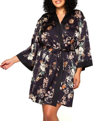 Icollection Women's Marlena Plus Size Stretch Satin Floral Print Robe With Contrast Placket And Sleeve Hems. Designed With Looked Self Tie Sash And