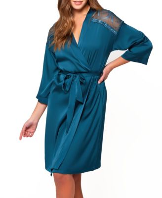 Icollection Women's Marguerite Stretch Satin Robe With Elegantly Embroidered Lace On Mesh At The Shoulders. Designed With Looped Self Tie Sash And