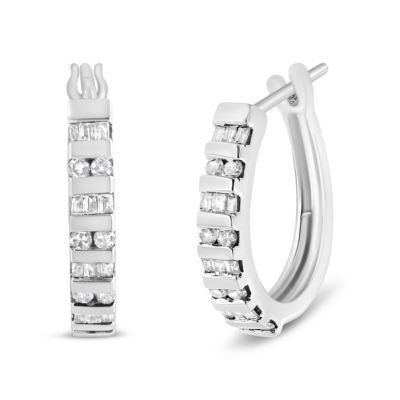 Haus Of Brilliance 10K White Gold 1.0 Cttw Round And Baguette-Cut Diamond Hoop Earrings (I-J Color, I2-I3 Clarity)