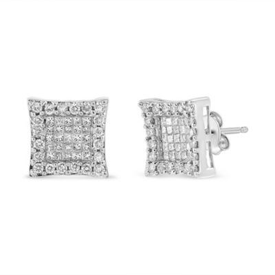 Haus Of Brilliance 14K White Gold 1.00 Cttw Princess And Round-Cut Diamond Square Stud Earrings (G-H Color, Si1-Si2 Clarity)