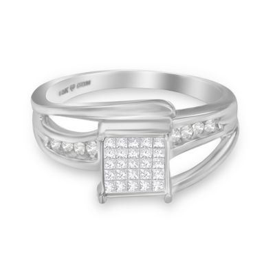 Haus Of Brilliance 10K White Gold 1/3 Cttw Invisible Set Princess-Cut Diamond Cluster Bypass Ring (H-I Color, Si1-Si2 Clarity)