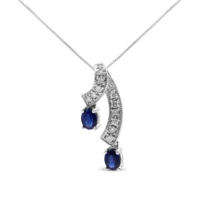 Haus Of Brilliance 14K White Gold 5X4 Mm Oval Shaped Natural Blue Sapphire And Diamond Accent Double Drop Ribbon 18"" Pendant Necklace (J-K Color
