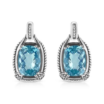 Haus Of Brilliance .925 Sterling Silver 14X10Mm Cushion Cut Blue Topaz Gemstone And Diamond Accent Dangle Earring (I-J Color, I1-I2 Clarity)