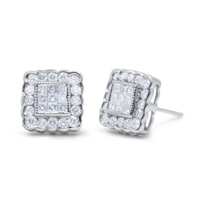 Haus Of Brilliance 14K White Gold 1.0 Cttw Round Brilliant & Princess Cut Diamond Scallop-Edge Framed Square Halo Stud Earrings (G-H Color, Si1-Si2