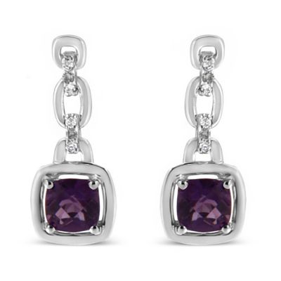Haus Of Brilliance .925 Sterling Silver 6X6Mm Cushion Shaped Natural Purple Amethyst And Diamond Accent Drop And Dangle Earrings (I-J Color, I1-I2