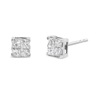Haus Of Brilliance 10K White Gold 1.00 Cttw Invisible Set Princess-Cut Diamond Composite Square Shape Stud Earrings (G-H Color, I2-I3 Clarity)