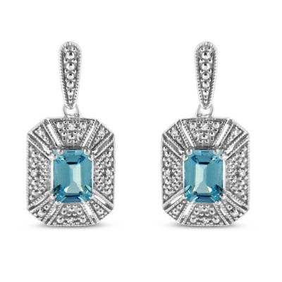 Haus Of Brilliance .925 Sterling Silver 7X5Mm Emerald Shape Blue Topaz And Diamond Accent Art Deco Halo Style Drop And Dangle Earrings (I-J Color