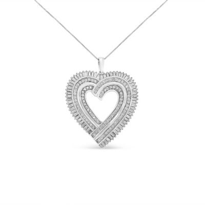 Haus Of Brilliance .925 Sterling Silver 1 1/4 Cttw Round And Baguette-Cut Diamond Composite Heart 18"" Pendant Necklace